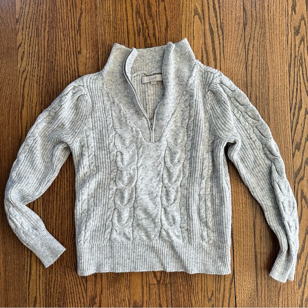 Loft Grey Quarter Zip Cable Knit Sweater - Sz S